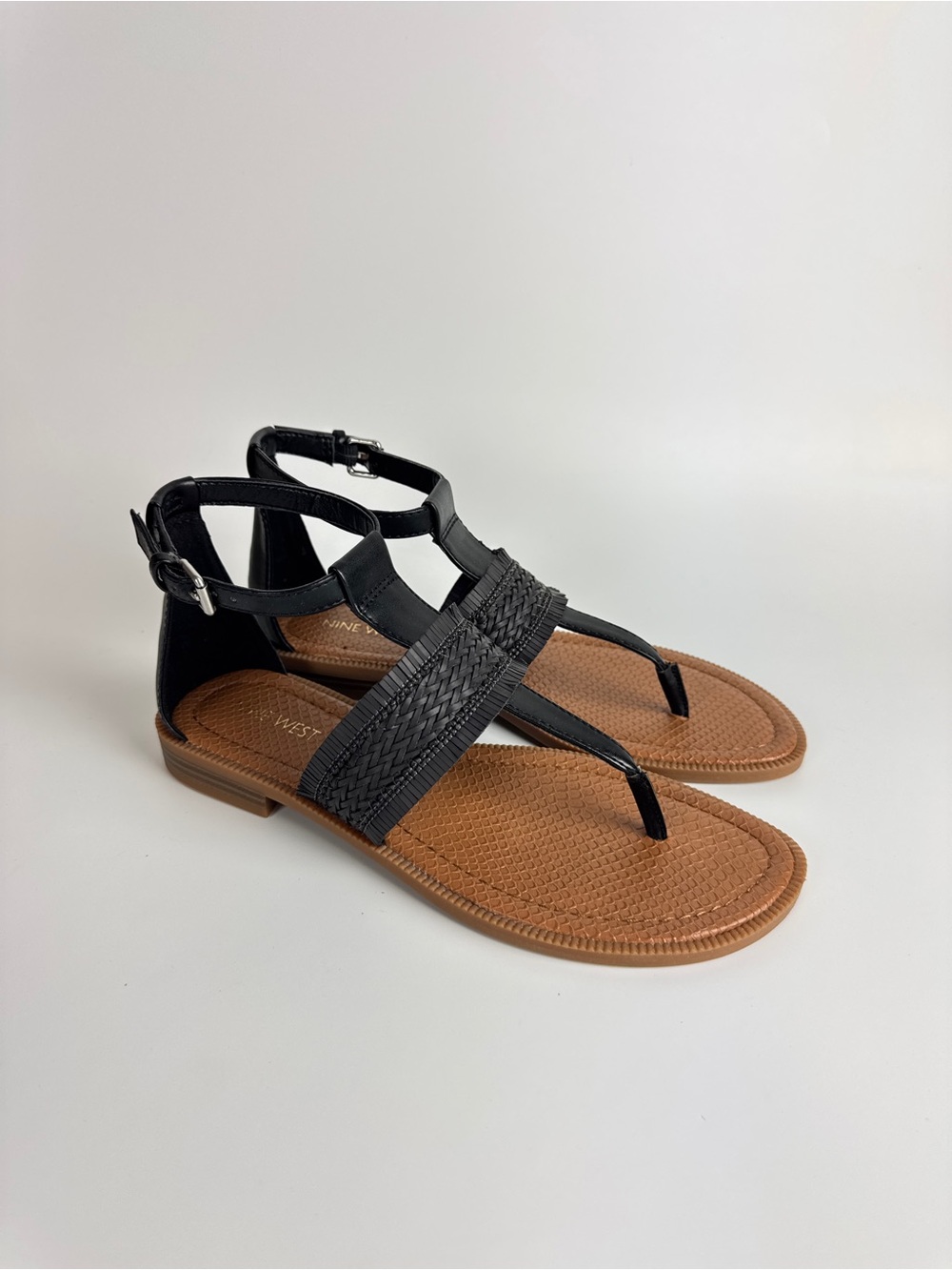 Nine West Women Black Braided T-Strap Sandals